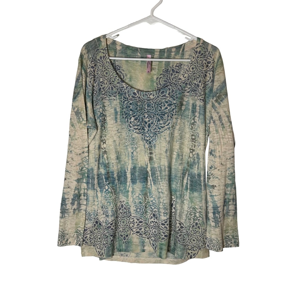 Kiara Women XL Green Blue Tie Dye Waffle Knit Rhinestone Medallion Tunic SCWK068